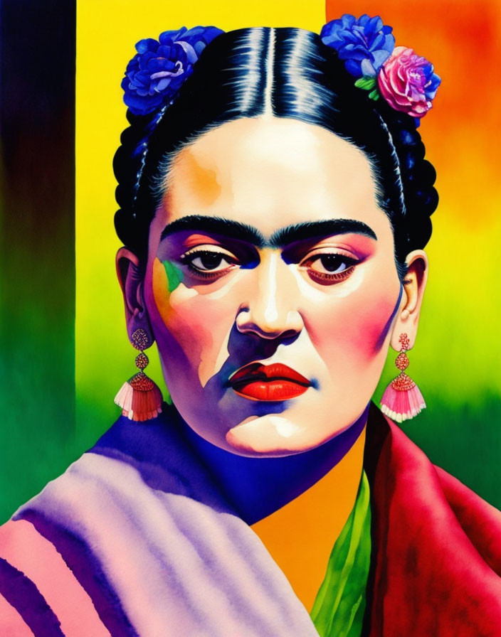 Colorful portrait of individual with unibrow, floral hair, earrings, shawl