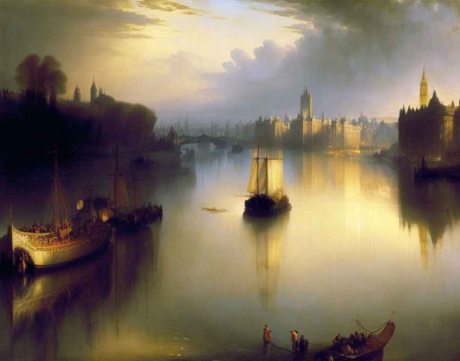 Calm river scene with boats, figures, misty cityscape, and luminous sky