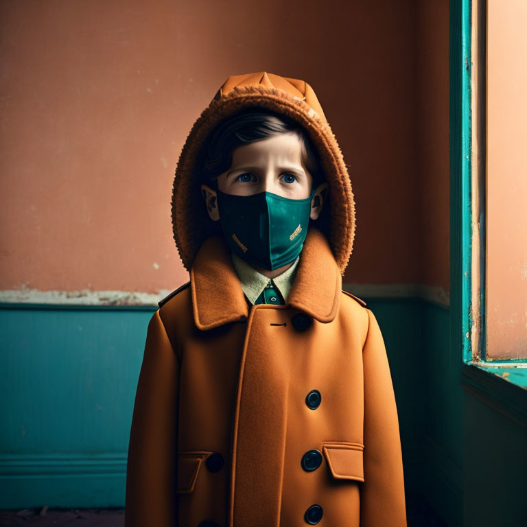 Child in Mustard Coat and Green Mask Against Teal Wall