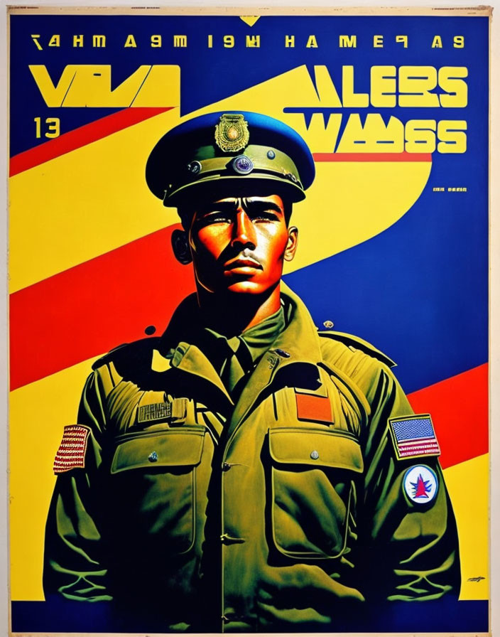 Vintage Military Recruitment Poster with Stern-Faced Soldier and Flags