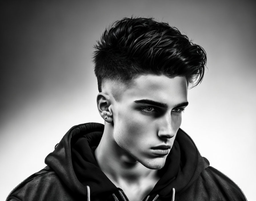 Monochrome portrait of young man with modern hairstyle and hoodie