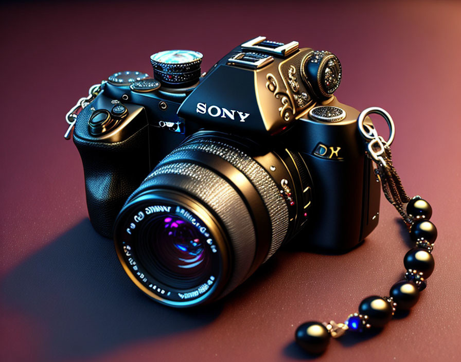 Sony DSLR Camera with Zoom Lens and Beaded Strap on Dark Maroon Background