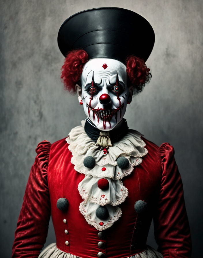 Scary clown costume with red nose and top hat on grey background