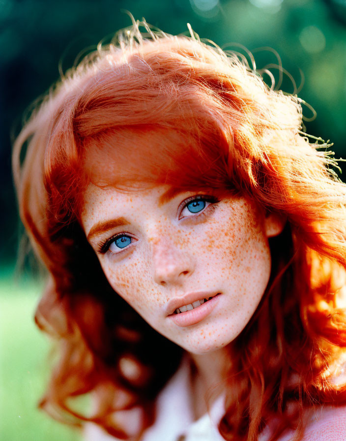 Red-haired person with freckles and blue eyes on blurred green backdrop