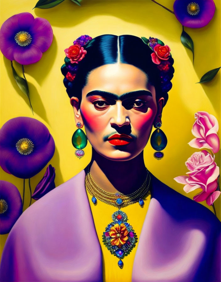 Vibrant portrait of a woman with unibrow, floral hair, and jewelry against purple flower