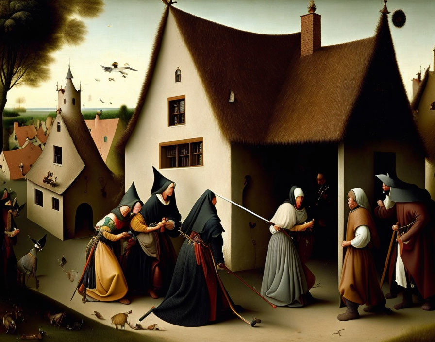 Renaissance painting of bustling village scene with townspeople in period clothing and thatched-roof house