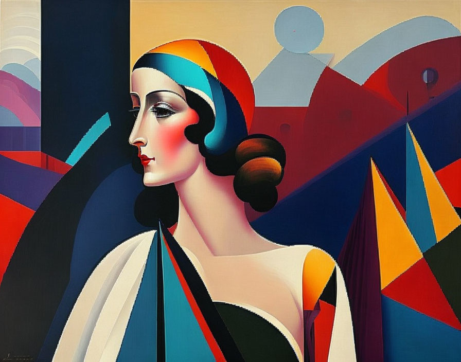 Vibrant Art Deco Woman Portrait with Geometric Shapes