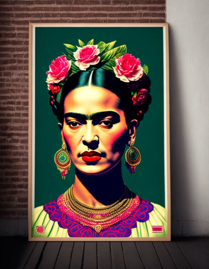 Vibrant portrait of a woman with floral hair and traditional jewelry on brick wall.