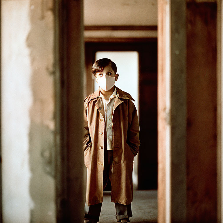 Person in Trench Coat and Mask Standing in Doorway with Blurred Background