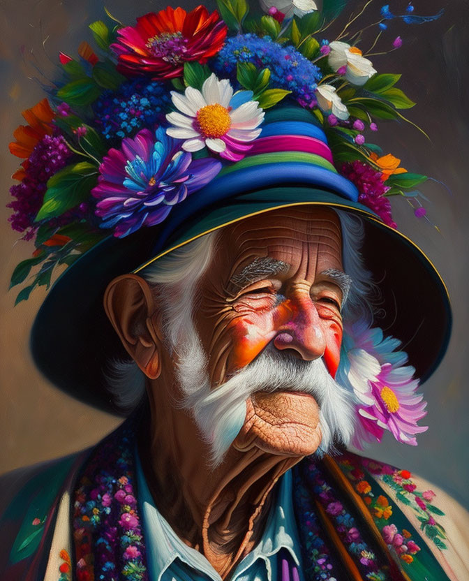 Elderly Man Smiling in Flower-Adorned Hat & Festive Attire