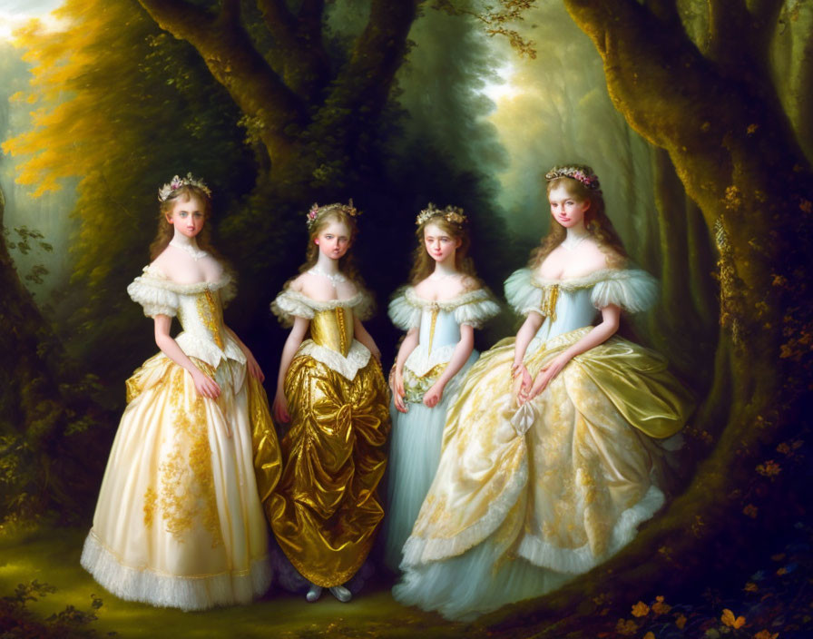 Four elegantly dressed women in historical gowns and tiaras in forest glade with warm sunlight.