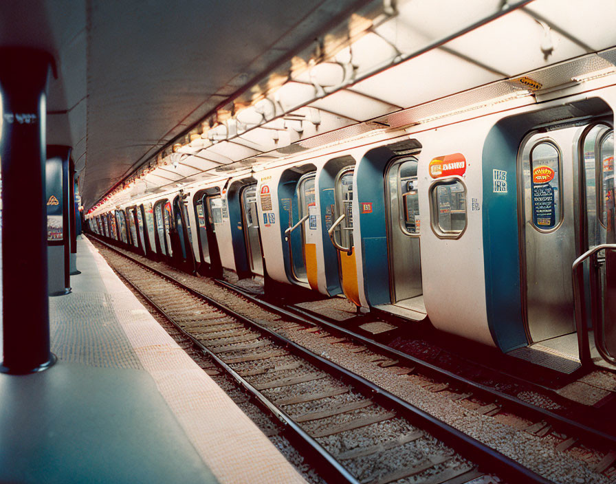 Vibrant Blue and Orange Subway Station with Train and Fluorescent Lights