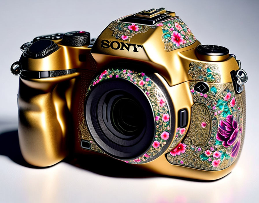 Gold Sony Camera with Floral and Paisley Etchings