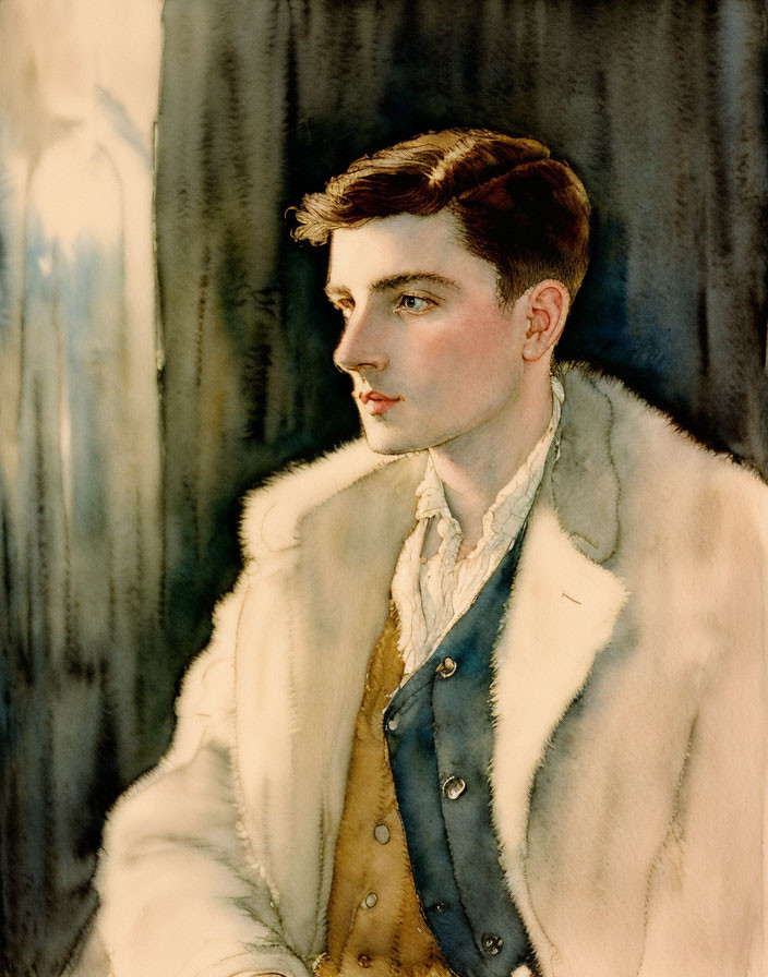 Vintage Watercolor Portrait of Young Man in Fur-Lined Coat