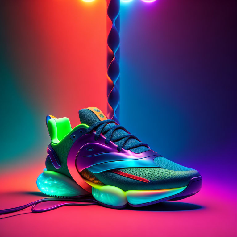 Colorful sports shoe with neon green, blue, and red accents on vibrant gradient background