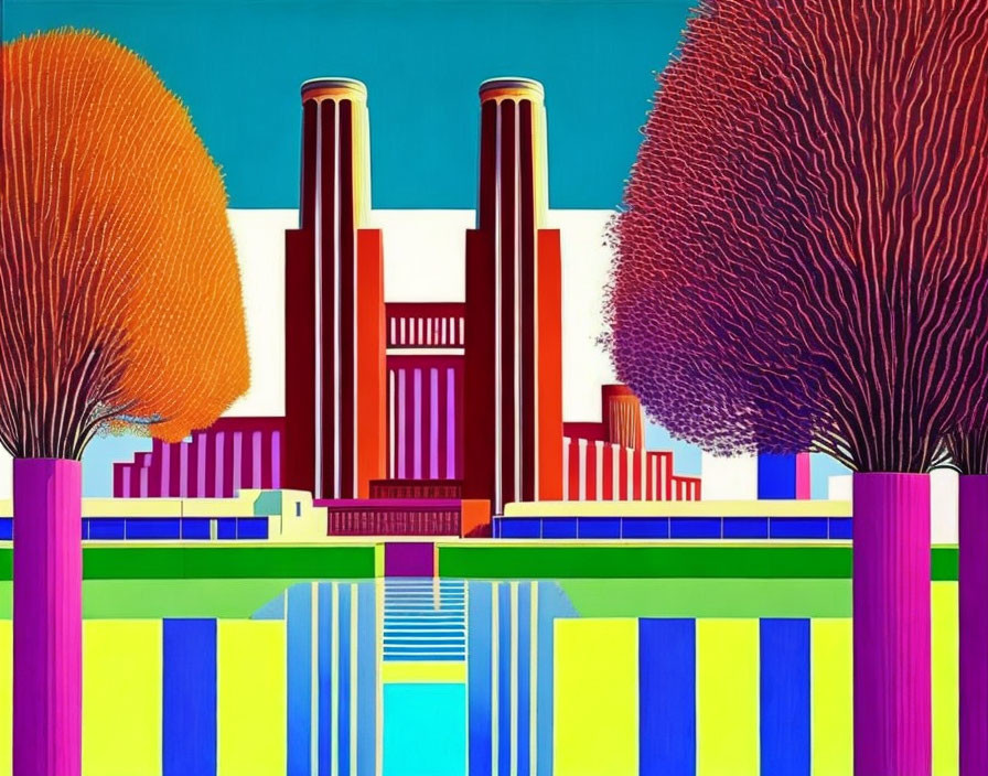 Symmetrical trees and stylized building in colorful digital art