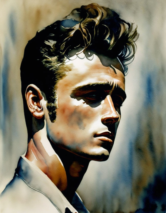 Portrait of man with pompadour hairstyle and shadowed profile against multi-tonal background