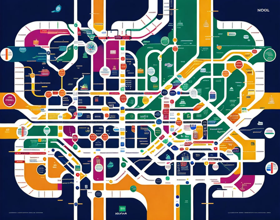 Vibrant map design with intersecting lines and labeled stops