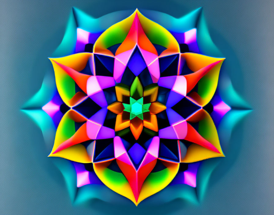 Colorful Symmetrical Kaleidoscopic Pattern on Blue Gradient Background