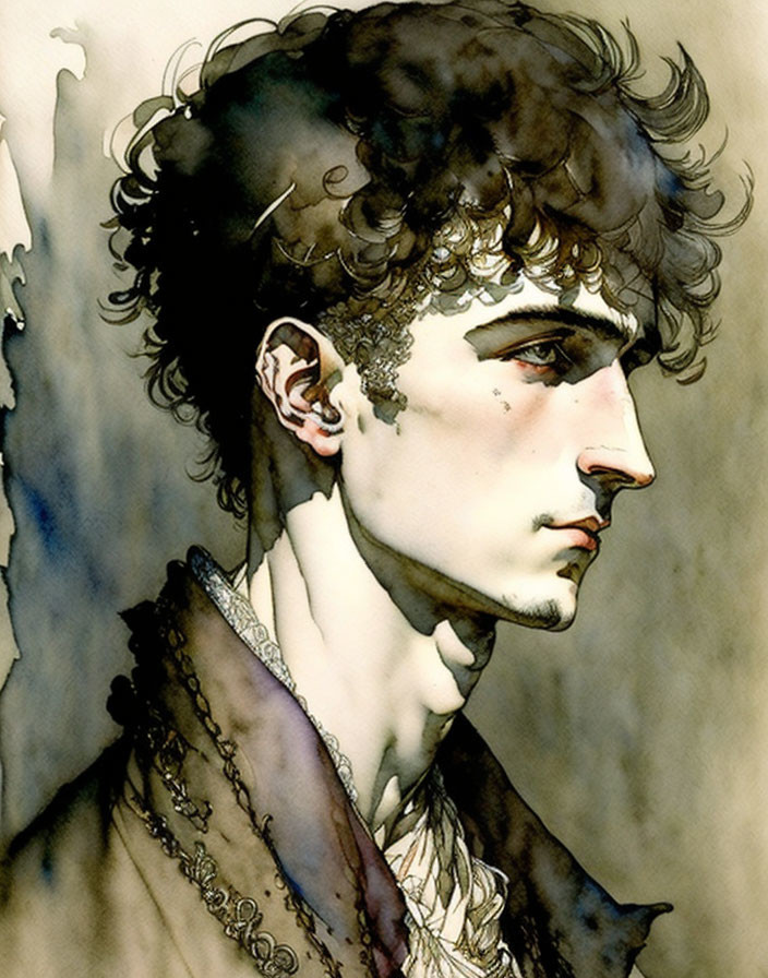 Profile portrait of young man with curly hair in watercolor style