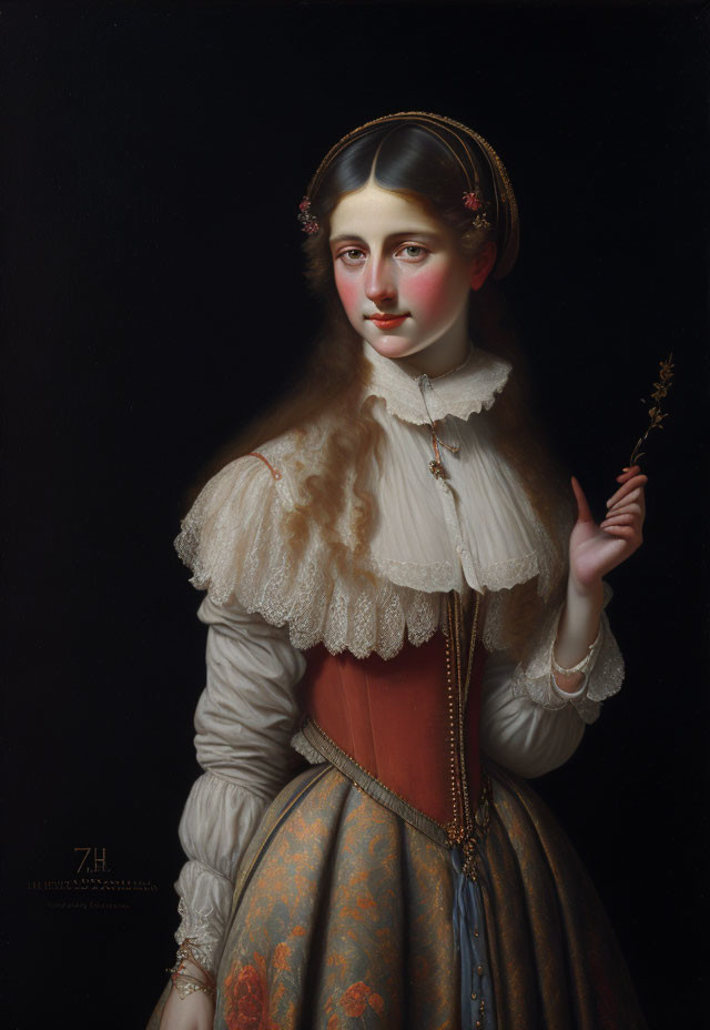 Classical portrait of woman with lace collar, corset, patterned skirt, holding sprig