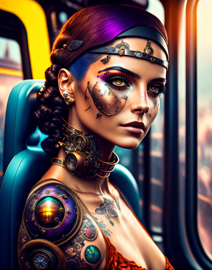 Steampunk-themed digital artwork of a woman with mechanical elements and vibrant colors