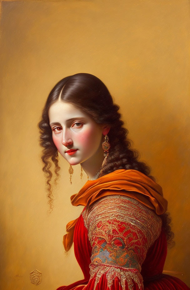 Classic Portrait of Woman in Red Dress with Dark Hair