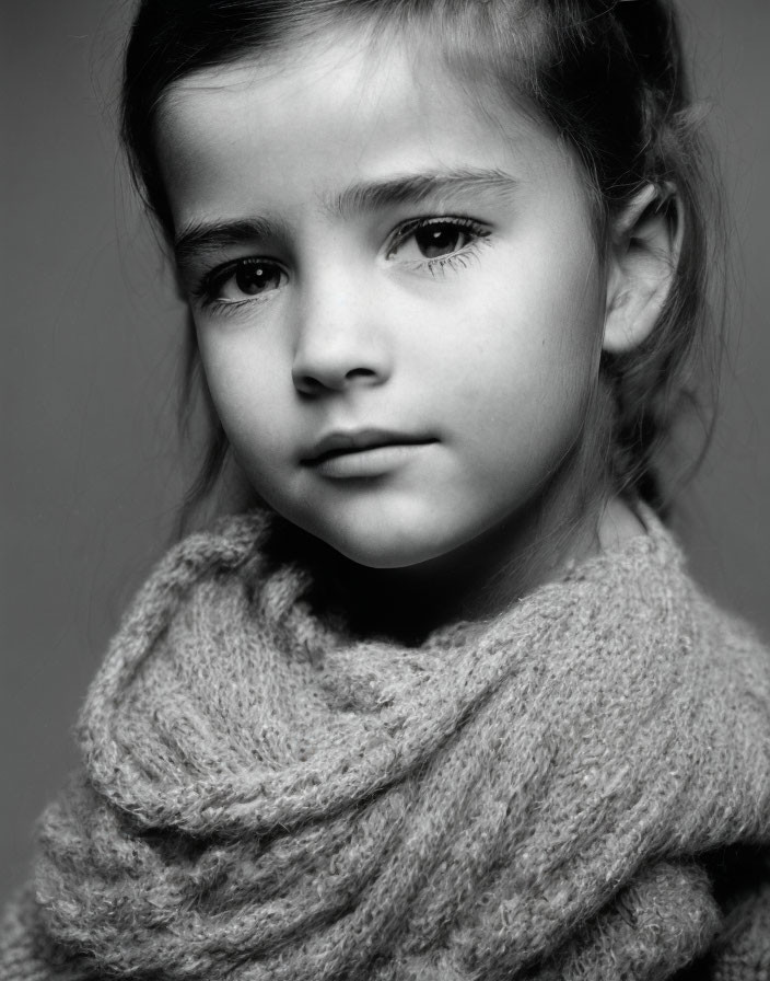 Monochrome portrait of young girl in knitted scarf