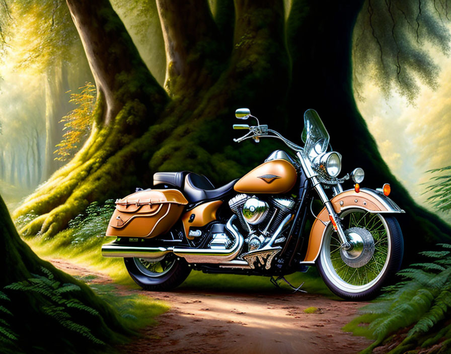 Golden and Black Classic Style Motorcycle in Serene Forest Setting