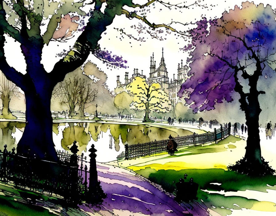 Scenic park watercolor painting with lush trees and cathedral in the background