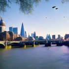 Futuristic London skyline with flying saucers and iconic landmarks