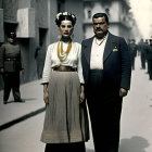 Traditional Mexican dress woman and man in suit on city street with pedestrians