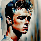 Portrait of man with pompadour hairstyle and shadowed profile against multi-tonal background