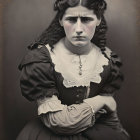 Portrait of young woman in black dress with lace, curly hair, necklace, looking contemplative