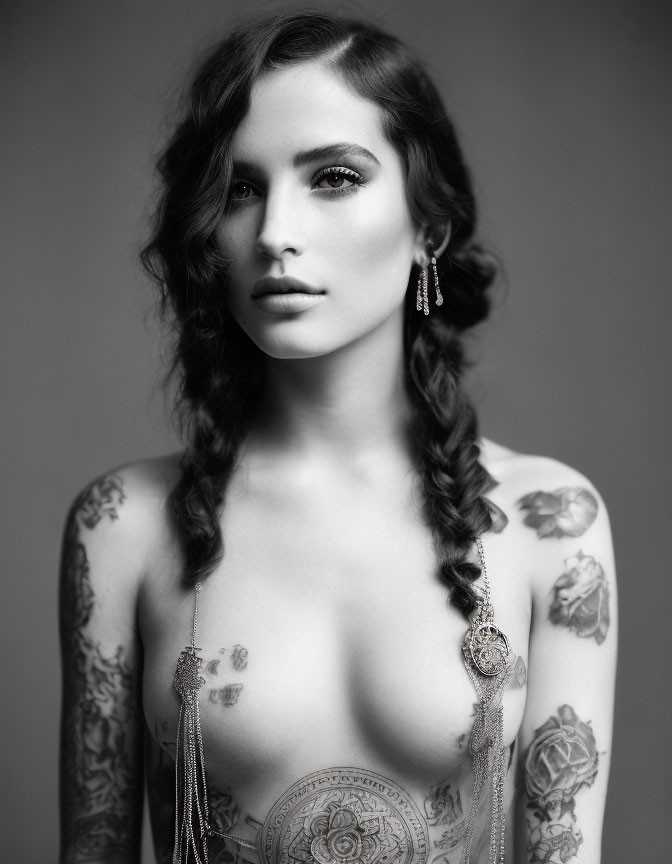 Monochromatic portrait of a woman with braided hair, earrings, and tattoos