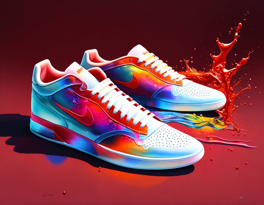 Vibrant Red and Orange Liquid Splash on Colorful Sneakers