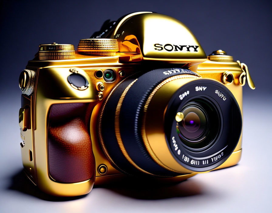 Gold-Plated Sony Camera with Black Lens and Leather Grip