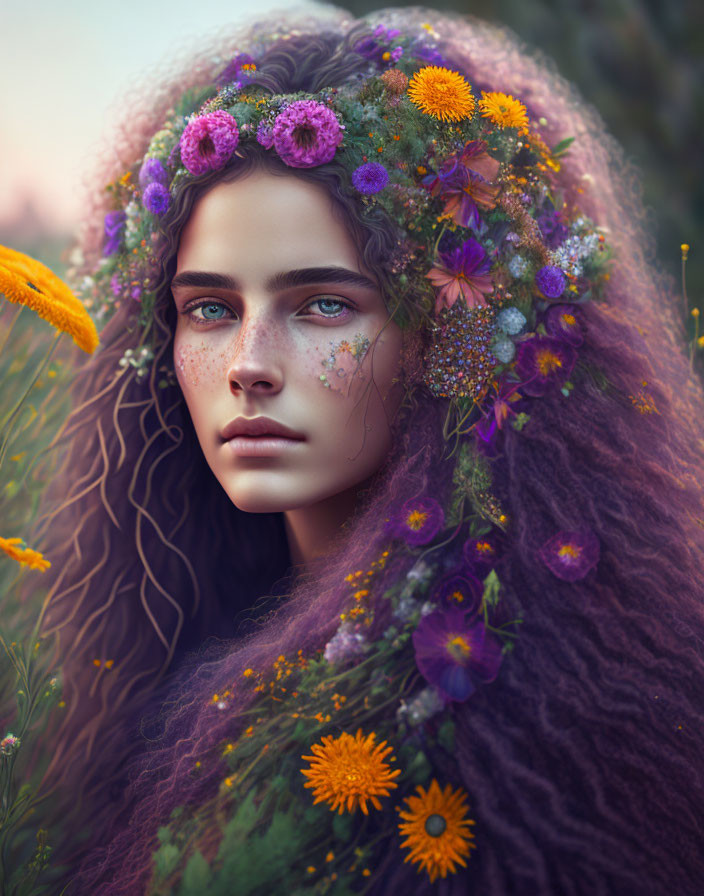 Person with Floral Adornments in Hair Surrounded by Flower-Filled Ambiance