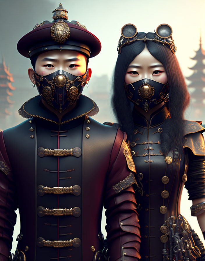 Steampunk-themed individuals in ornate attire with masks and goggles against traditional backdrop