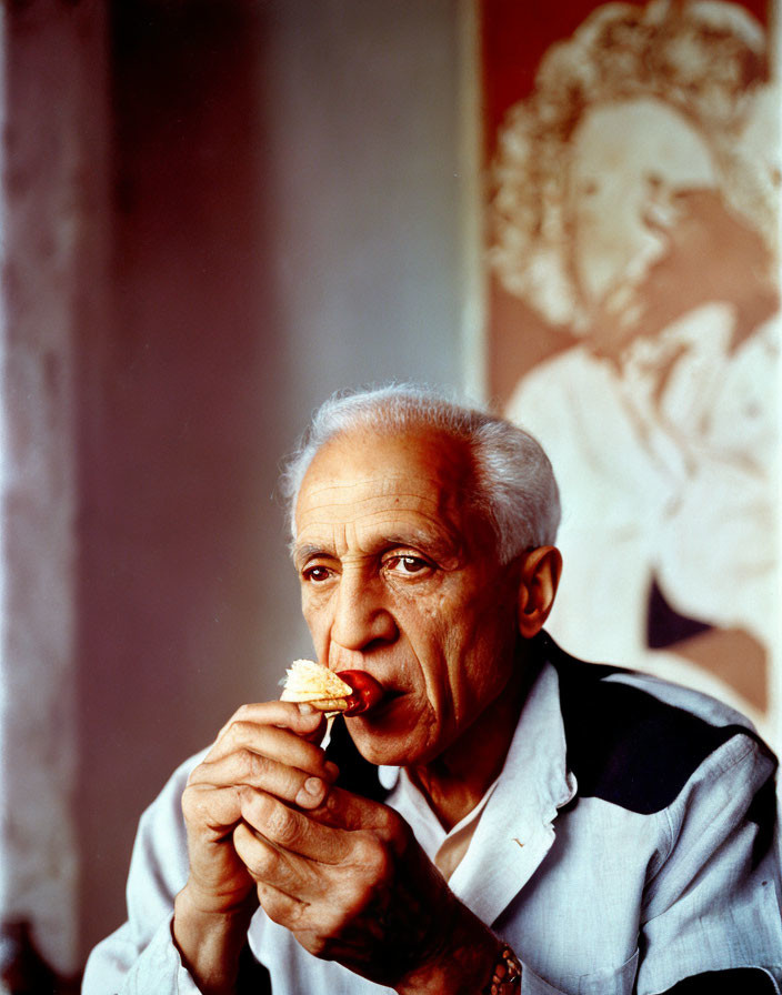 Elderly man eating with grey hair and child painting in background