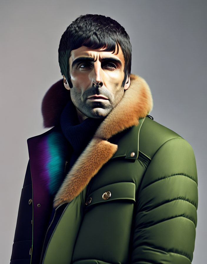 Dark-Haired Man in Green Puffer Jacket on Gradient Background