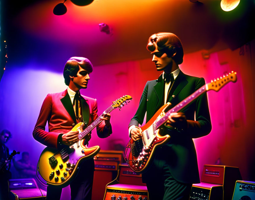 Musicians in red suits playing electric guitars on stage with vibrant lighting