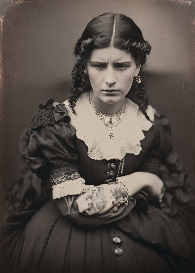 Portrait of young woman in black dress with lace, curly hair, necklace, looking contemplative