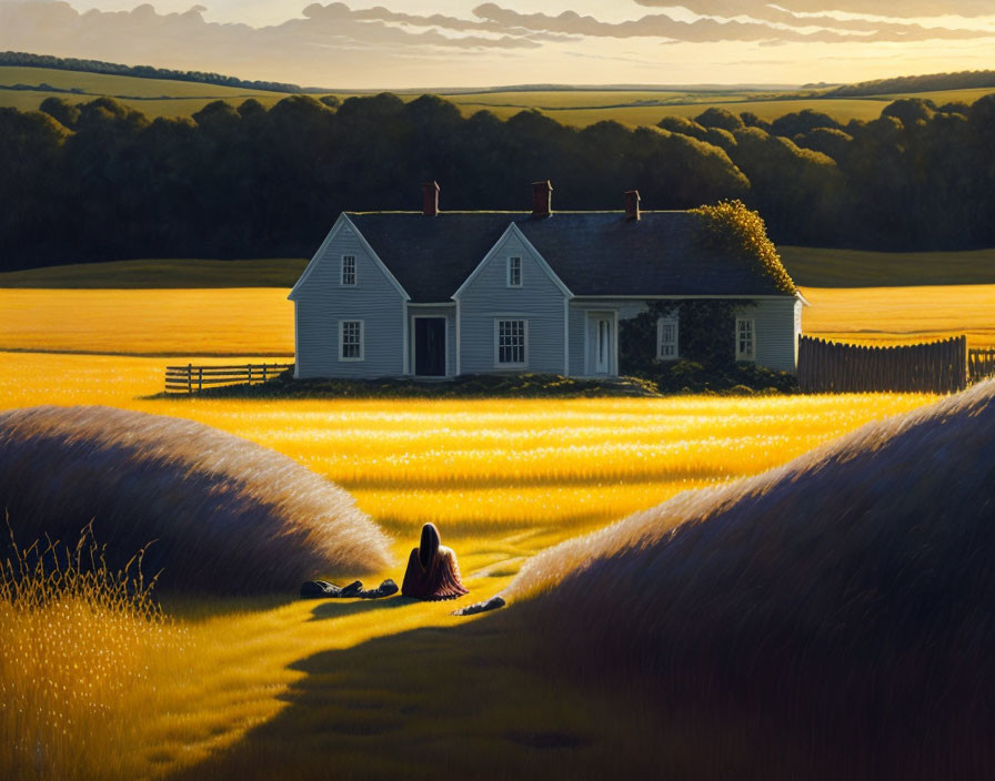 Person sitting in golden fields at sunset near white house with red roof and rolling hills.