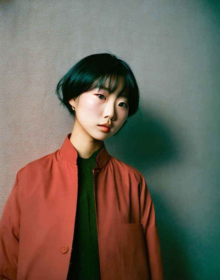 Woman in Green Turtleneck and Red Jacket Portrait