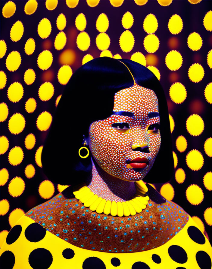 Colorful portrait of woman with dotted patterns on skin and background