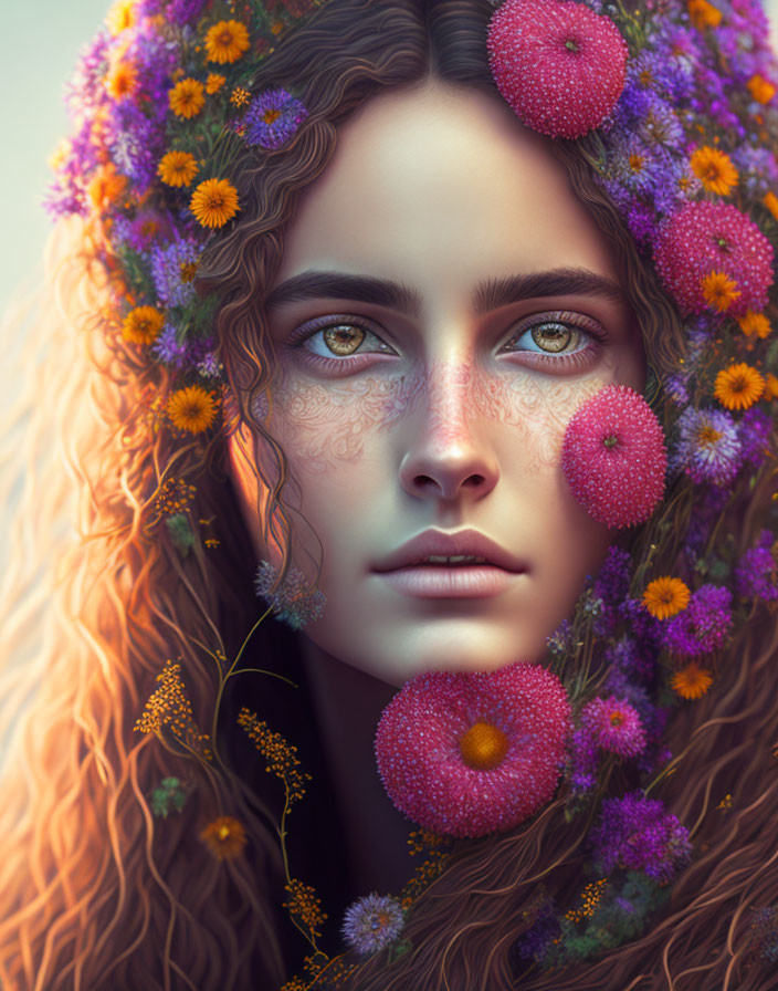 Detailed digital portrait of a woman with vibrant floral hair adornments