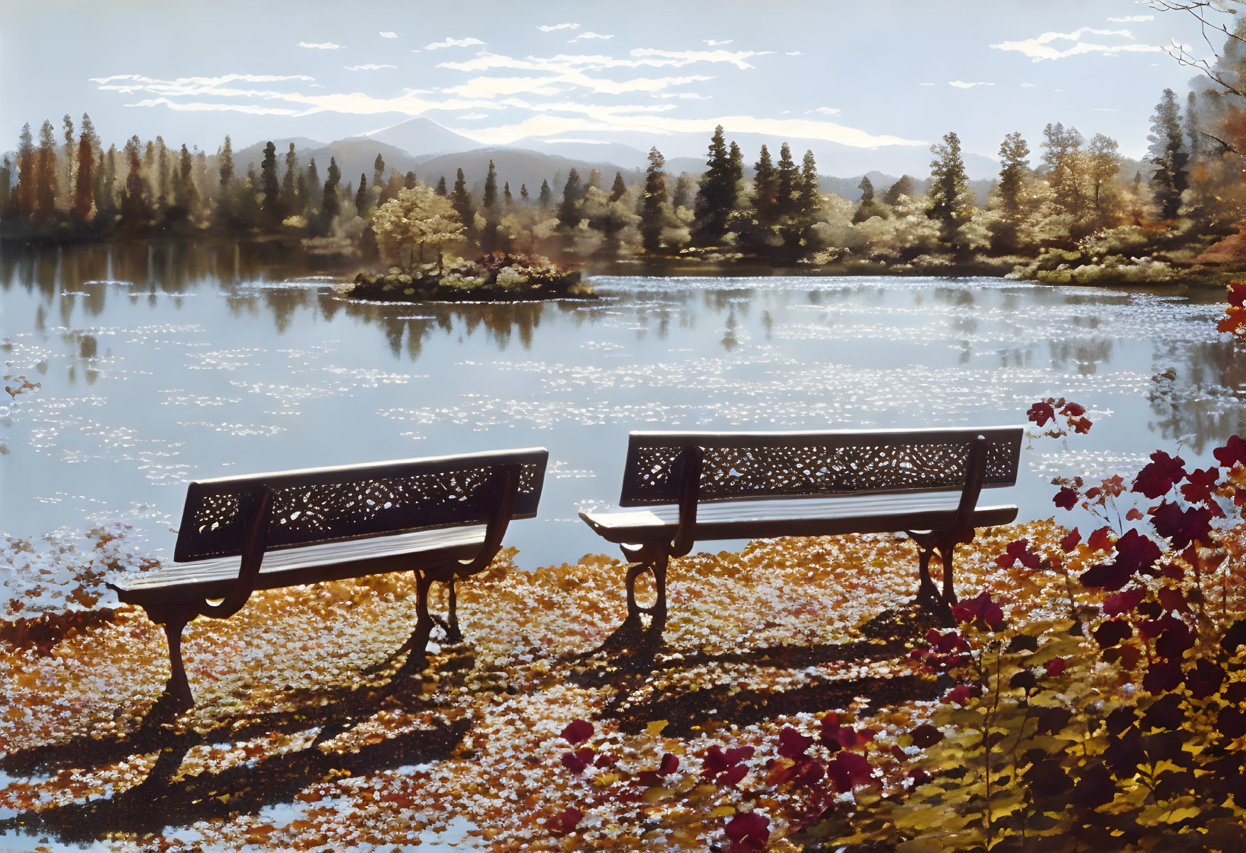 Tranquil Lake Scene with Benches, Autumn Leaves, and Mountains