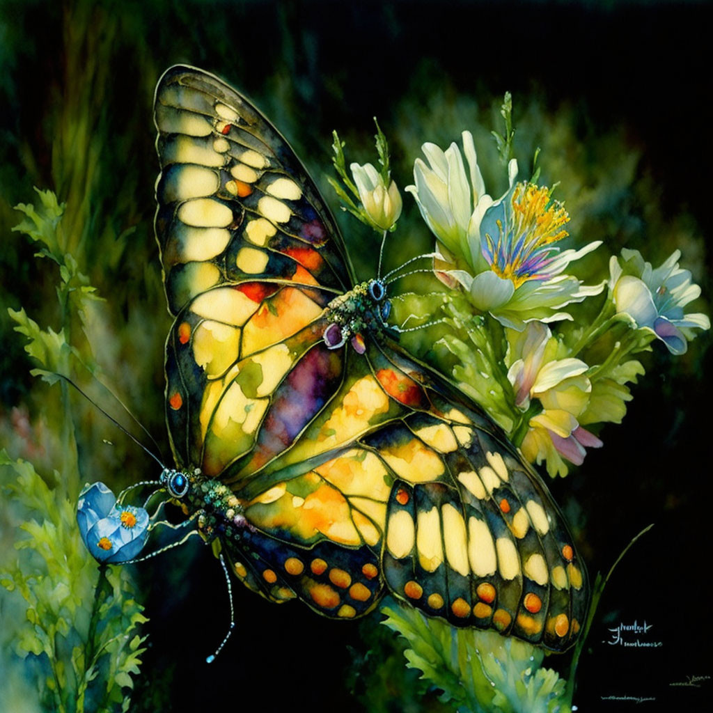 Colorful Butterfly Painting on White Flowers in Lush Greenery