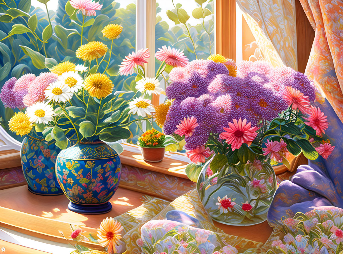 Brightly Blooming Flowers in Vases on Window Sill with Sunlight